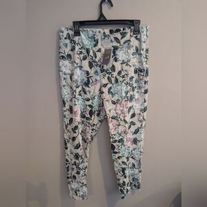 Nwt Women's J. Jill Linen Floral Print Crop Ankle Pants Off White Vine Leaf